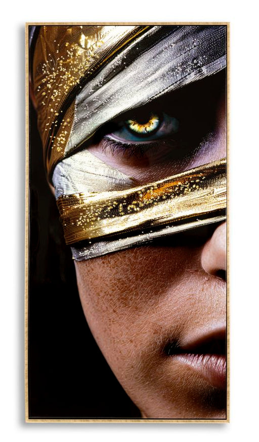 Dipinto su tela laccato Nairobi con cornice 52x4x102 cm, ritratto moderno con dettagli dorati e sguardo felino, decorazione da parete FERRETTI.