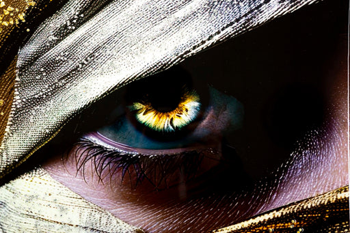 Primo piano dell'occhio del dipinto su tela laccato Nairobi 52x4x102 cm, con riflessi dorati e texture brillanti, decorazione da parete artistica.