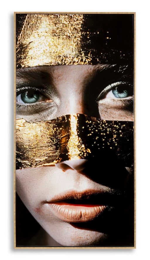 Dipinto su tela laccato Nairobi C/Cornice -B- 52X4X102 con volto femminile e dettagli dorati, decorazione da parete moderna e raffinata.