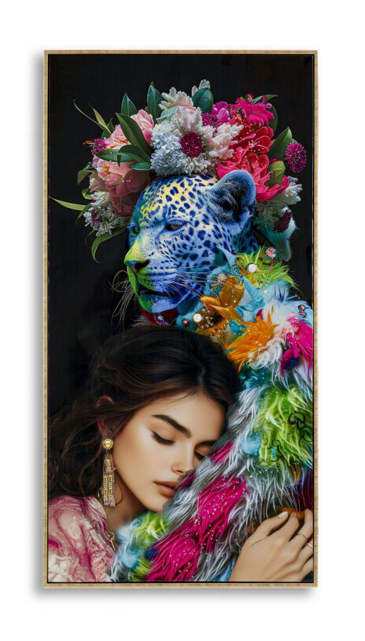 DIPINTO SU TELA LACCATO MOIRA C/CORNICE -B- 52X4X102 con donna abbracciata a leopardo blu decorato e fiori, decorazione da parete artistica moderna.