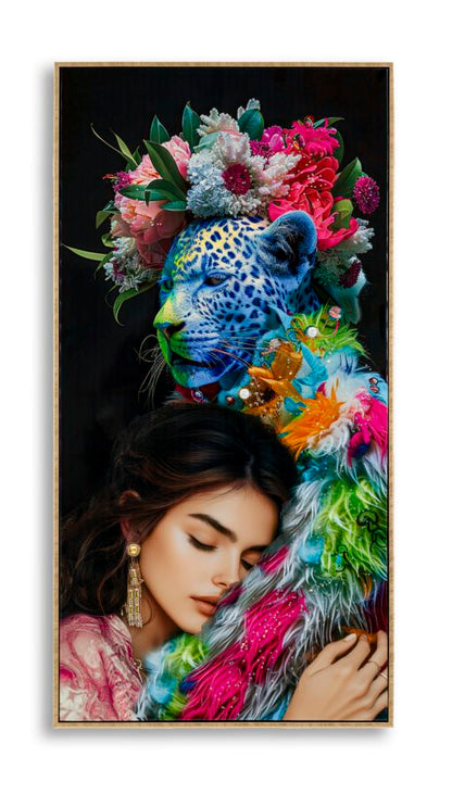 DIPINTO SU TELA LACCATO MOIRA C/CORNICE -B- 52X4X102 con donna abbracciata a leopardo blu decorato e fiori, decorazione da parete artistica moderna.