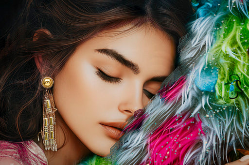 Dettaglio del volto femminile nel DIPINTO SU TELA LACCATO MOIRA C/CORNICE -B- 52X4X102, arte murale elegante per interni raffinati.