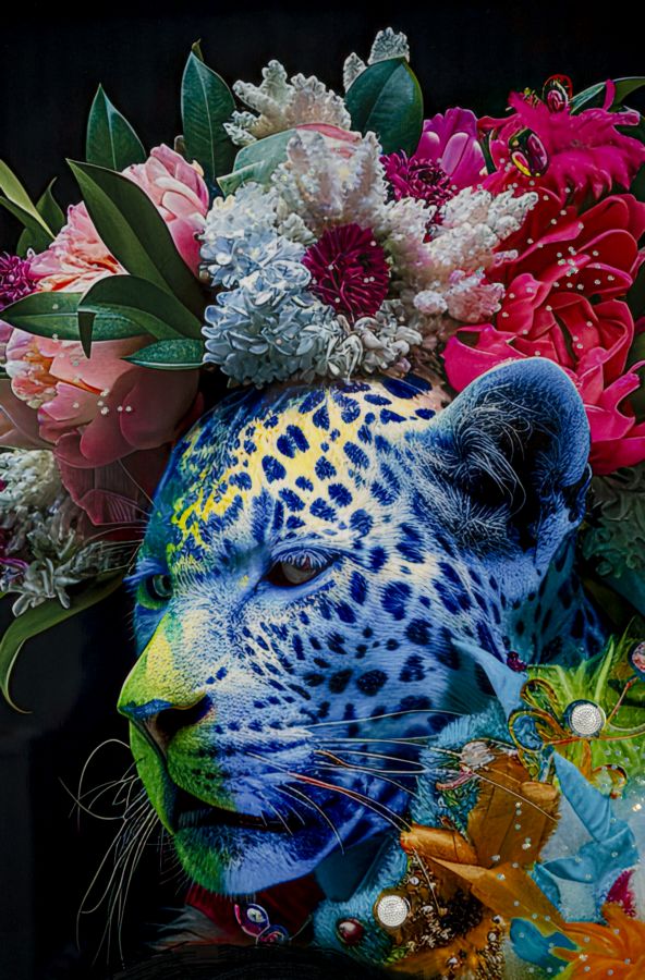 Primo piano del leopardo blu con fiori nel DIPINTO SU TELA LACCATO MOIRA C/CORNICE -B- 52X4X102, decorazione da parete vivace e colorata.