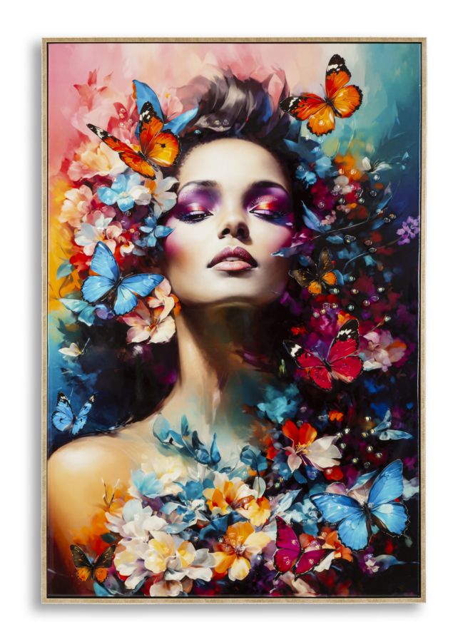 Dipinto su tela laccato Marty con cornice 62x4x92 cm, ritrae una donna tra fiori e farfalle in colori vivaci, ideale per decorazioni da parete.