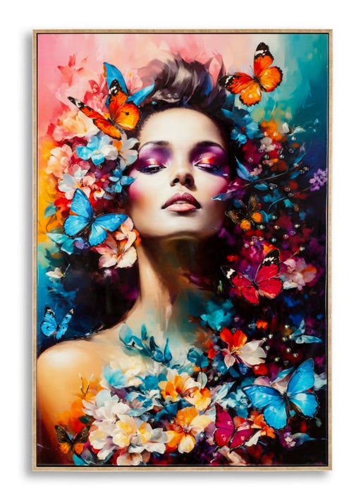 Dipinto su tela laccato Marty con cornice 62x4x92 cm, ritrae una donna tra fiori e farfalle in colori vivaci, ideale per decorazioni da parete.