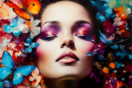 Primo piano del volto femminile nel dipinto su tela laccato Marty, con dettagli brillanti e farfalle, perfetto per ambienti eleganti.