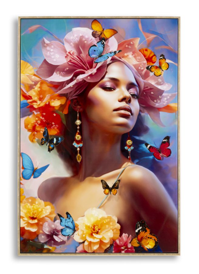 Dipinto su tela laccato Marty con cornice B cm 62x4x92, raffigurante donna con fiori e farfalle in stile artistico, decorazione da parete elegante.