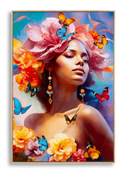 Dipinto su tela laccato Marty con cornice B cm 62x4x92, raffigurante donna con fiori e farfalle in stile artistico, decorazione da parete elegante.