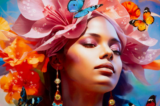 Dettaglio del volto nel dipinto su tela laccato Marty C/Cornice B cm 62x4x92, con trucco luminoso e farfalle decorative, arte da parete raffinata.