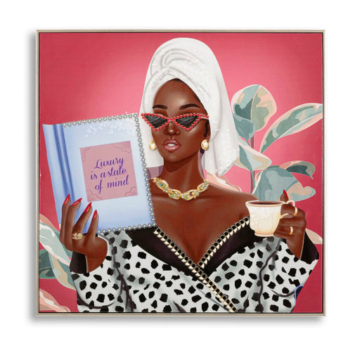 Dipinto su tela laccato Luxury Spa con cornice 82x82 cm, donna elegante con turbante, libro e tazza su sfondo rosa, decorazione da parete moderna.