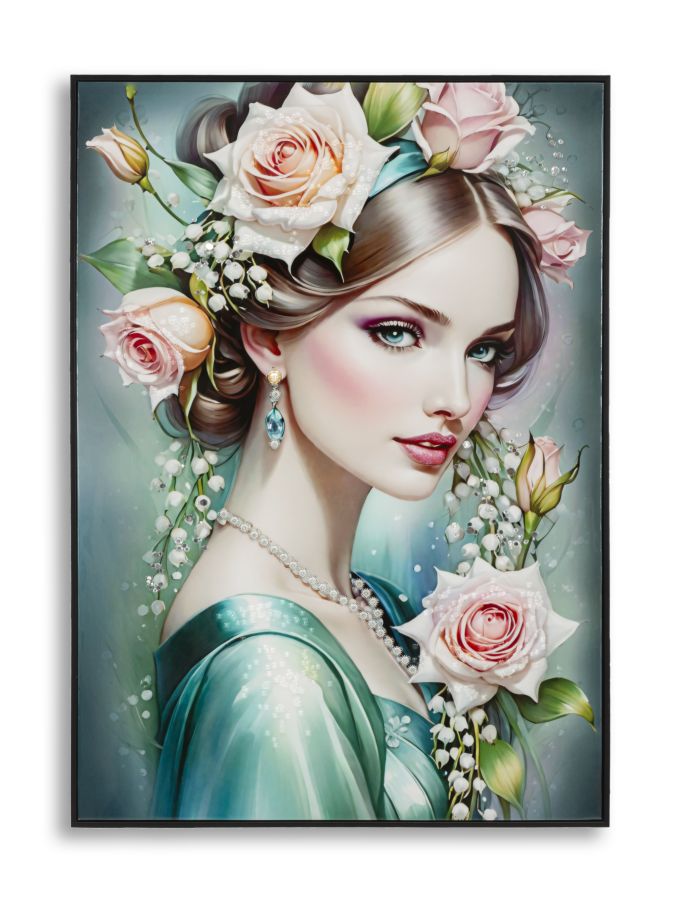 Dipinto su tela laccato Fantasy con cornice A 72x4x102 cm, raffigurante donna con fiori rosa tra i capelli in stile romantico e colori pastello.