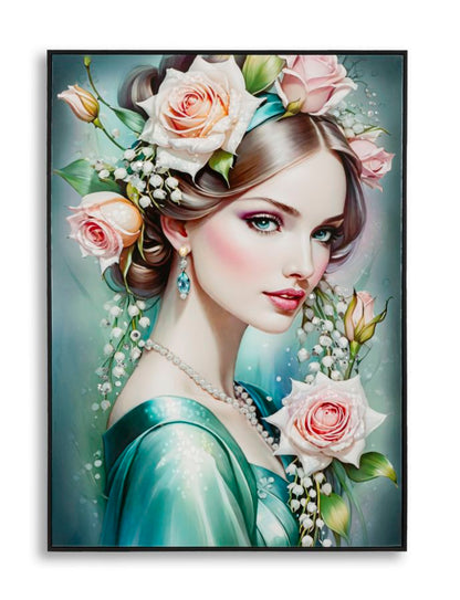 Dipinto su tela laccato Fantasy con cornice A 72x4x102 cm, raffigurante donna con fiori rosa tra i capelli in stile romantico e colori pastello.