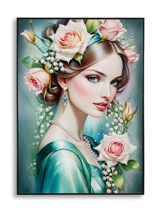 Dipinto su tela laccato Fantasy con cornice A 72x4x102 cm, raffigurante donna con fiori rosa tra i capelli in stile romantico e colori pastello.