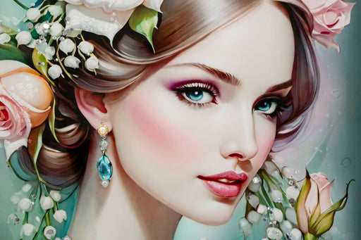 Primo piano del dipinto su tela laccato Fantasy 72x4x102 cm, dettagli realistici del volto femminile e fiori decorativi in stile elegante.