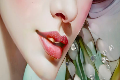 Dettaglio delle labbra del dipinto su tela laccato Fantasy 72x4x102 cm, con effetto lucido e sfumature rosa per un tocco realistico e artistico.