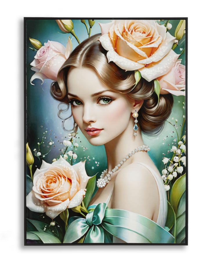 Dipinto su tela laccato Fantasy con cornice nera 72x4x102 cm, ritrae una donna con rose e gioielli in stile romantico, ideale per decorazioni da parete.