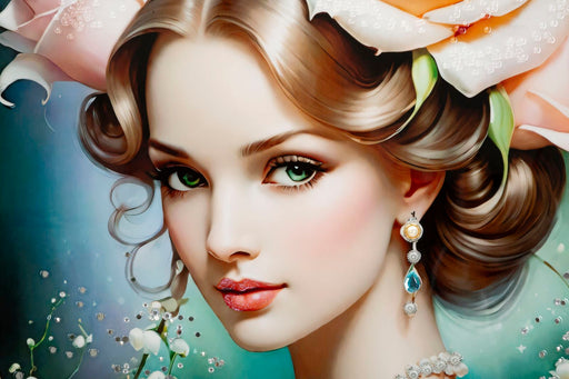 Primo piano del volto femminile nel dipinto su tela laccato Fantasy 72x4x102 cm, con dettagli realistici e colori vivaci per arredamento elegante.