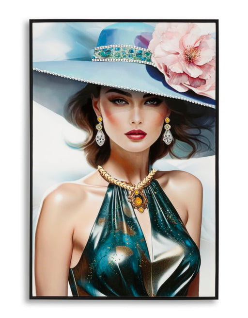 Dipinto su tela laccato Pam con cornice elegante 62x4x92 cm, raffigurante donna glamour con cappello blu e gioielli, decorazione da parete FERRETTI.