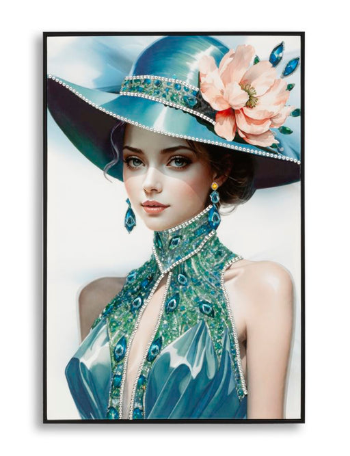 Dipinto su tela laccato Pam con cornice nera 62x4x92 cm, raffigurante donna elegante con cappello decorato e dettagli gioiello, perfetto per decorazioni da parete.