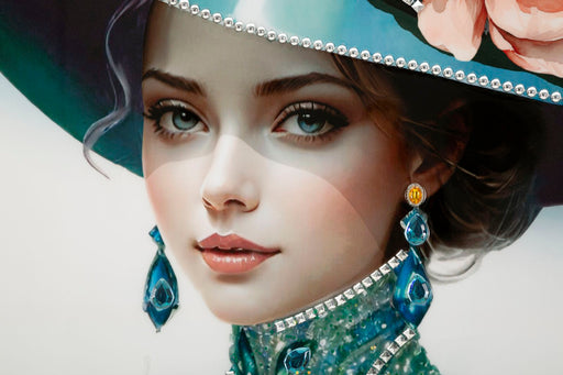 Primo piano del volto del dipinto su tela laccato Pam, evidenziando i dettagli realistici e le decorazioni brillanti, ideale per ambienti raffinati.