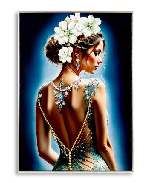 Dipinto su tela laccato Isabel con cornice 72x4x102 cm, raffigurante donna elegante di profilo con fiori bianchi tra i capelli e gioielli brillanti.