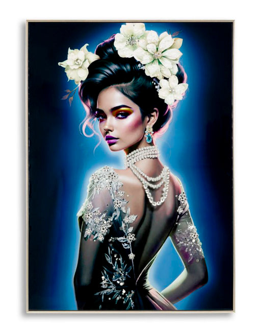 Dipinto su tela laccato Isabel con cornice B 72x4x102 cm, ritrae donna elegante con fiori tra i capelli, gioielli e abito decorato.