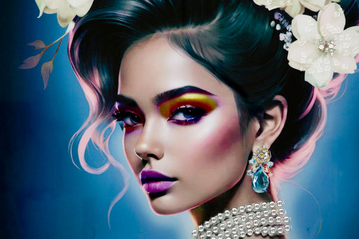 Primo piano del dipinto su tela laccato Isabel, mostra il volto della donna con trucco acceso, orecchini e fiori bianchi tra i capelli.