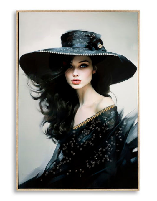 Dipinto su tela laccato Dori C/Cornice -A- Eleganza 62x92 con ritratto femminile in stile glamour, decorato con dettagli lucidi e cornice dorata.