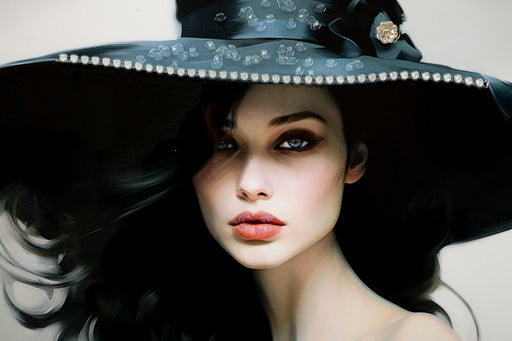 Primo piano del volto nel dipinto su tela laccato Dori C/Cornice -A- Eleganza 62x92, con espressione intensa e cappello decorato con strass.