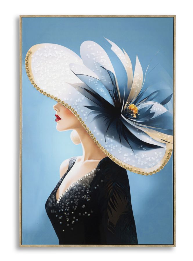 Dipinto su tela laccato Dori con cornice dorata, raffigurante donna elegante con cappello decorato, formato 62x4x92 cm per decorazioni da parete.