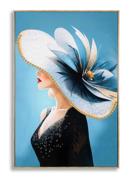 Dipinto su tela laccato Dori con cornice dorata, raffigurante donna elegante con cappello decorato, formato 62x4x92 cm per decorazioni da parete.