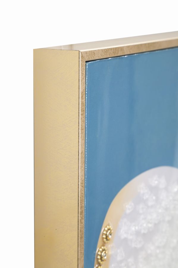 Primo piano della cornice dorata del dipinto su tela laccato Dori, ideale per decorazioni da parete eleganti 62x4x92 cm.