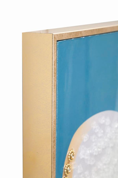 Primo piano della cornice dorata del dipinto su tela laccato Dori, ideale per decorazioni da parete eleganti 62x4x92 cm.