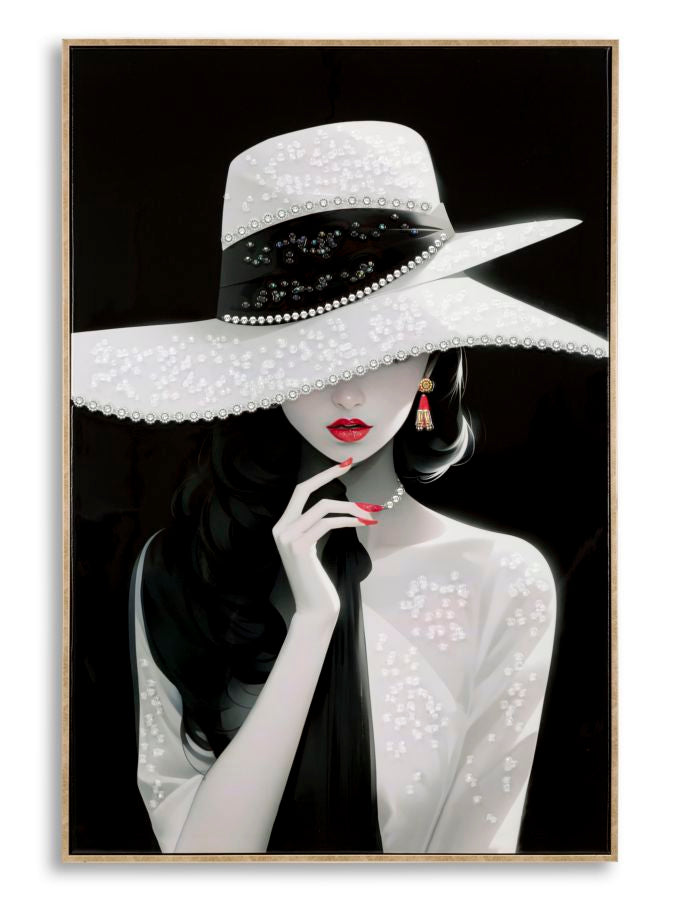 Dipinto su tela laccato Marty con cornice elegante 62x4x92, raffigurante donna stilizzata con cappello bianco decorato e rossetto rosso.