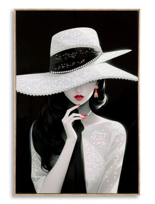 Dipinto su tela laccato Marty con cornice elegante 62x4x92, raffigurante donna stilizzata con cappello bianco decorato e rossetto rosso.