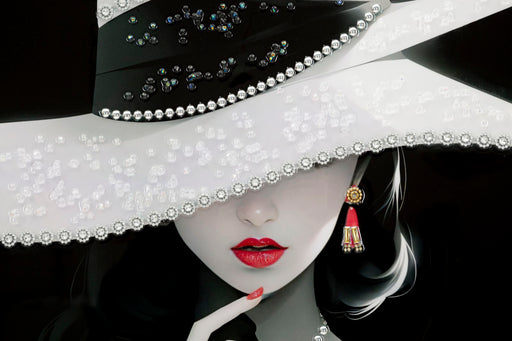 Dettaglio del dipinto su tela laccato Marty C/Cornice -A- Elegante 62X4X92, con focus su labbra rosse e decorazioni brillanti del cappello.