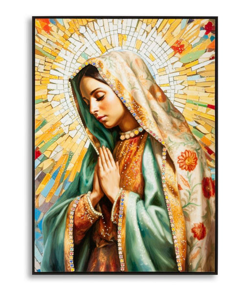 Dipinto su tela laccato Madonna -A- con cornice 72x102 cm, decorazione religiosa con dettagli in rilievo e sfondo dorato a mosaico.