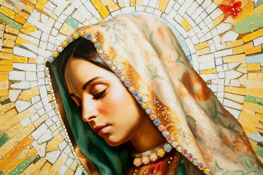 Primo piano del volto del dipinto su tela laccato Madonna -A-, con dettagli brillanti e aureola dorata a mosaico, arte sacra da parete.