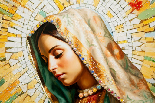 Primo piano del volto del dipinto su tela laccato Madonna -A-, con dettagli brillanti e aureola dorata a mosaico, arte sacra da parete.