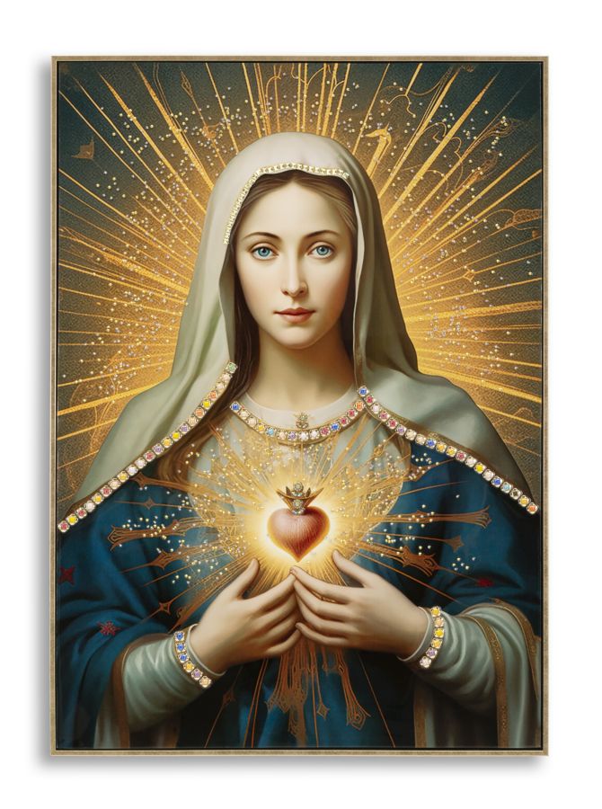 Dipinto su tela laccato Madonna -B- con cornice 72x4x102, decorazione sacra con aureola dorata e cuore sacro, ideale per pareti eleganti.