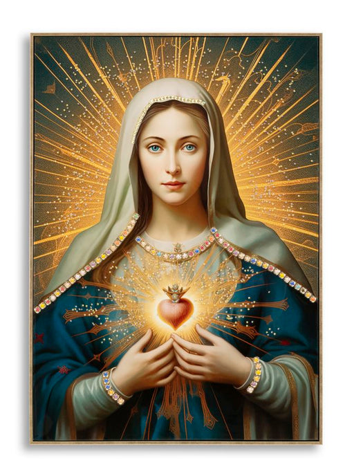 Dipinto su tela laccato Madonna -B- con cornice 72x4x102, decorazione sacra con aureola dorata e cuore sacro, ideale per pareti eleganti.