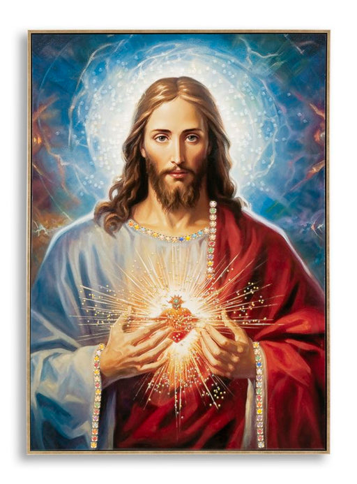 Dipinto su tela laccato Jesus con cornice 72x4x102 cm, decorazione da parete religiosa con dettagli luminosi e sacro cuore in evidenza.