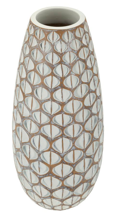 Vaso decorativo in resina Tibet Ø 20X45,5 cm, finitura bianca e marrone con texture tridimensionale, ideale per ambienti moderni.