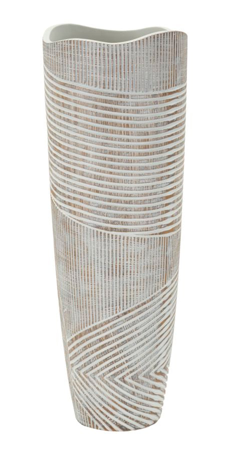 Vaso Resina Woody Cm Ø 19X55 con design elegante a righe incise bianche su fondo legno, perfetto per arredamento moderno e naturale.