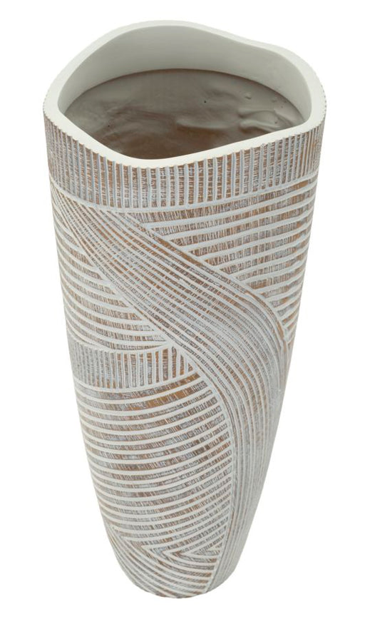 Vaso decorativo in resina Woody Ø18x45 cm con interno bianco e superficie texturizzata, perfetto per ambienti raffinati.