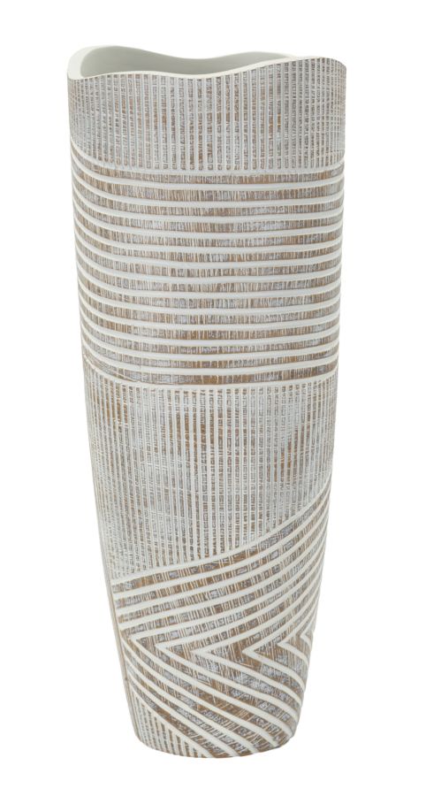 Vaso Resina Woody elegante con motivo a linee curve bianche su fondo naturale, ideale per arredamento contemporaneo.