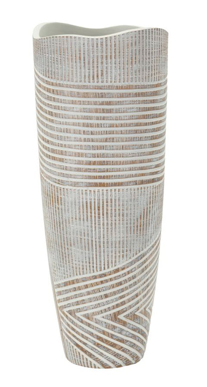 Vaso Resina Woody elegante con motivo a linee curve bianche su fondo naturale, ideale per arredamento contemporaneo.