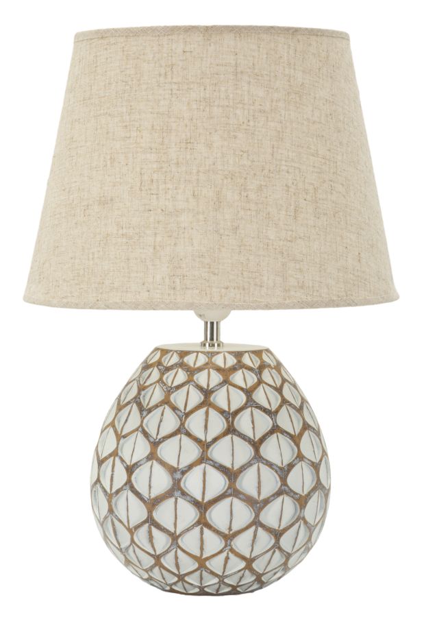 Lampada da tavolo resina Tibet Ø 35X52 con base decorata a rilievo e paralume in tessuto beige, design elegante per interni moderni.
