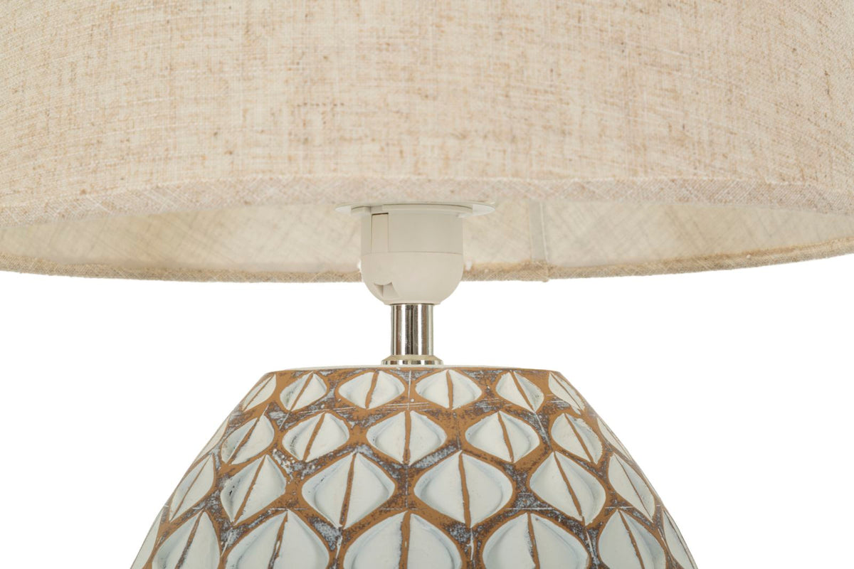 Dettaglio attacco lampada da tavolo resina Tibet Ø 35X52 con paralume in lino e struttura raffinata, ideale per arredamento contemporaneo.