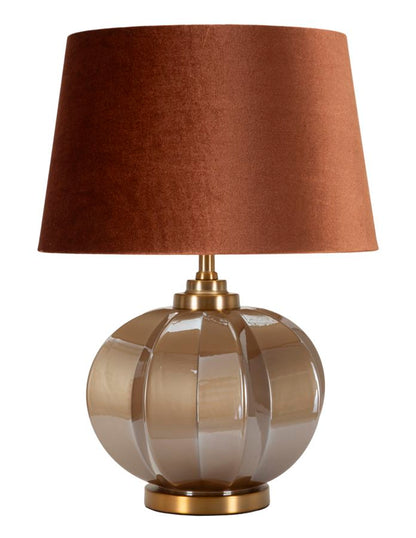 Lampada da tavolo Praga -A- Elegante Ø 40,5x57 con base rotonda in ceramica lucida beige e paralume in tessuto marrone, stile moderno.